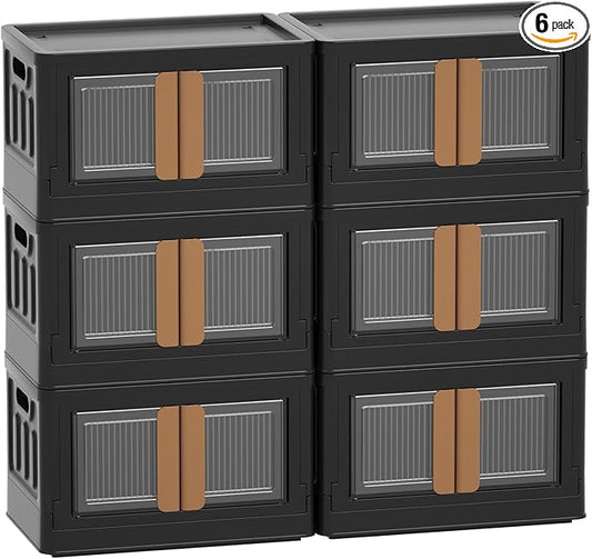 HAIXIN Storage Bins with 6 Lids - 8.4 Gal Closet Cabinet 6 Pack Plastic Stackable Organizers with Front Opening Door Black Foldable Storage Box for Home Garage Office Craft