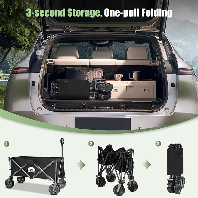 Collapsible Foldable Wagon Cart Heavy Duty,Beach Wagon with Big Wheels,Utility Grocery Wagons Carts with Side Pocket for Outdoor Garden,Camping,Shopping and Sports, Y-Black