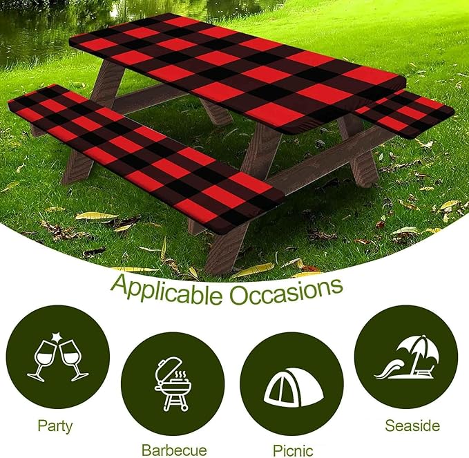 CAPSCEOLL Fitted Picnic Table Cover with Bench Covers with Elastic 8Ft Waterproof Picnic Table Cloths Windproof Outdoor Camping Tablecloth with Drawstring Bag, 96X30in, Black Red