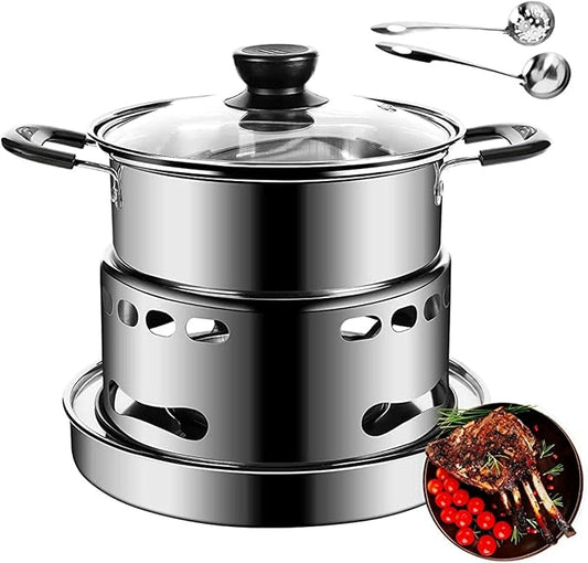 Camping Stove With Pot 16cm Stainless Steel Alcohol Stove Portable Camp Oven Cookware Set for Indoor Outdoor Camping Hiking Backpacking Picnic, No Electricity Required Adjustable Fire (1-2 people)