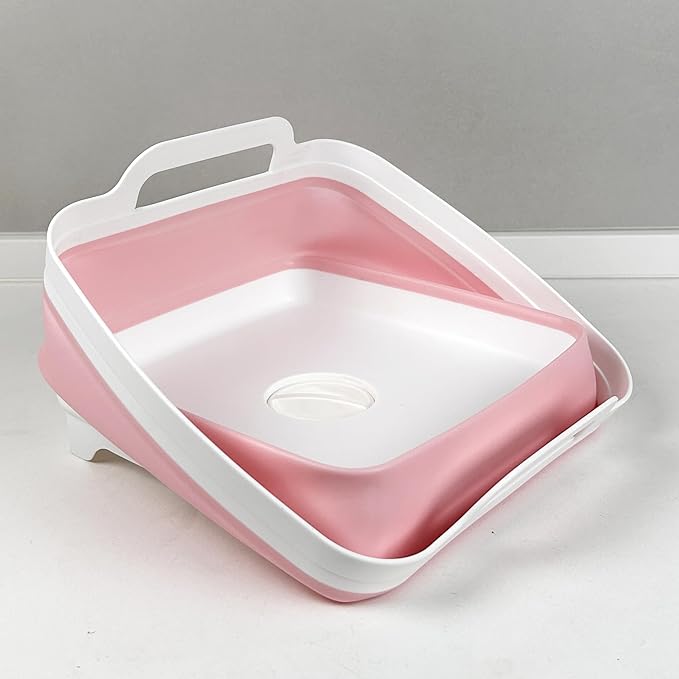 9L (2.4Gal Dish Basin Collapsible with Drain Plug Carry Handles , Space Saveing Kitchen Storage Tray Dish Wash Basin, Portable Dish Tub for Camping ,RV,Pink