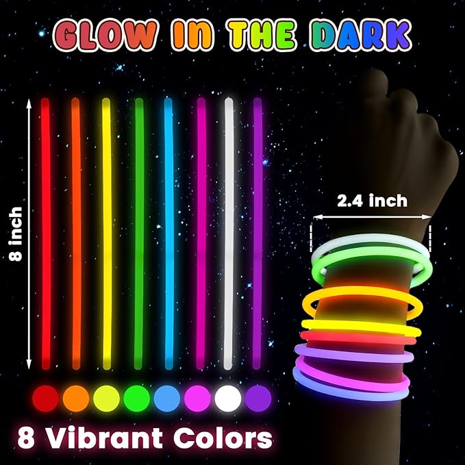 3 otters 100PCS Glow Sticks, 8 Inch Glow in the Dark Party Favors Halloween Party Supplies Light Up Sticks for Kids Adults Birthday Decorations