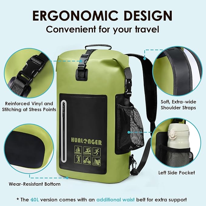 Dry Bag Backpack 20L/30L/40L- Roll Top Closure Bag - Heavy Duty Dry Bags Waterproof - Lightweight Durable Floating Dry Bag with IPX8 Waterproof Phone Case