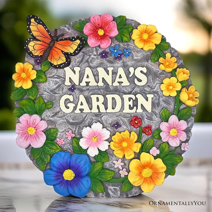 Elegant Resin Stepping Stone, Outdoor Garden Pathway Decoration (Nana’s Garden Floral Stepping Stone, 9.5" Decorative and Gift for Grandmother)