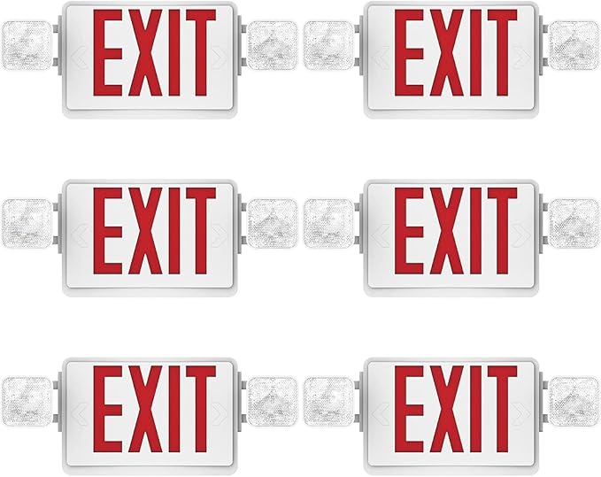 Double Sided LED Emergency EXIT Sign, Remote Capable, Two LED Flood Lights, Backup Battery, US Standard Red Letter Emergency Exit Lighting, Commercial Grade, 120-277V, FireResistant(UL 94V-0) (6 Pack)