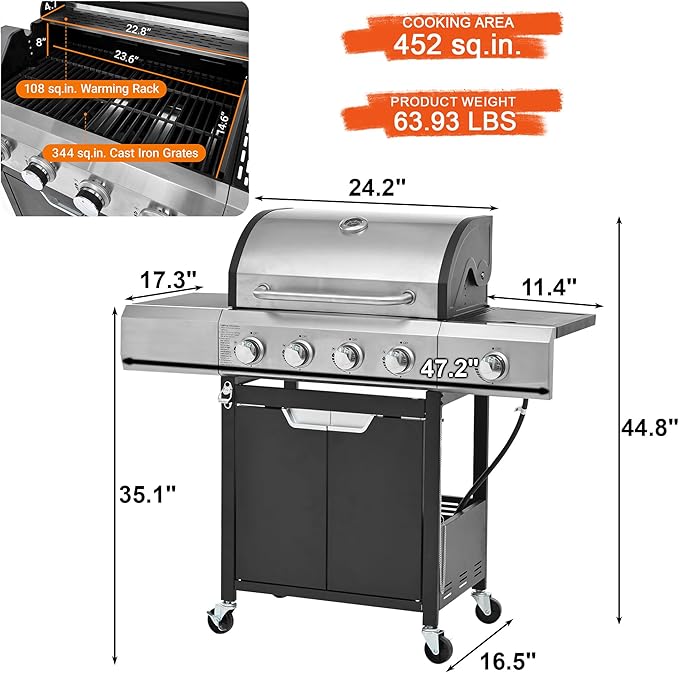 4-Burner BBQ Propane Gas Grill with Side Burner, 51,000 BTU Stainless Steel Patio Barbecue Grill with Waterproof Cover, Pull Out Grease Tray, For Camping, Outdoor Cooking (Style3)