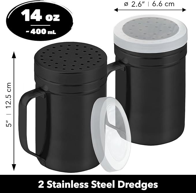 CUSINIUM 14oz Black Stainless Steel Salt Pepper Dredge Shakers - With Plastic Cap - With Handle - Pack of 2