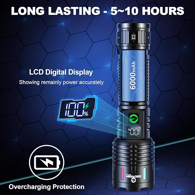 Esgreen Rechargeable Flashlights High Lumens 2000 Single 2 Modes, Super Bright LED Flashlight USB C Long Distance 3280ft, Powerful Long Lasting 10H Heavy Duty Strong Flash Light for Camping Hiking