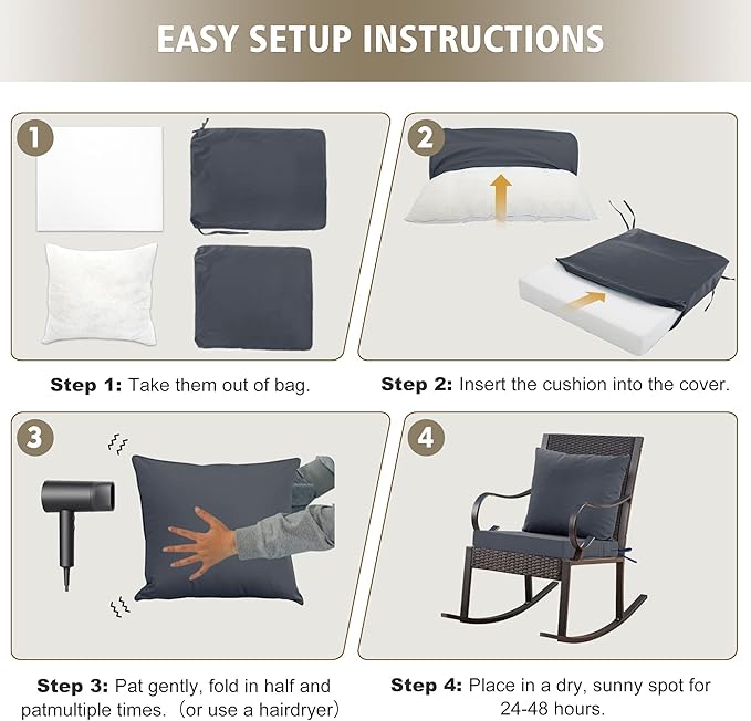 24x24 Inch Outdoor Cushions for Patio Furniture, Waterproof Outdoor Chair Cushions w/Fade-Resistant, Removable & Machine-Washable Covers, Deep Seat Sofa/Couch Pads Replacement, Dark Grey