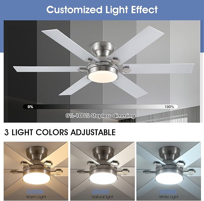 52" Low Profile Ceiling Fans with Lights and Remote, Modern Indoor Ceiling Fans with 3 Colors 6 Speeds, Flush Mount Fan Light Indoor & Outdoor, Reversible DC Motor,Sand Nickel