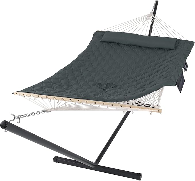 SUNCREAT Patio Portable Hammock with Stand, Outdoor Double Hammock with Stand Included, Gray Green Drops