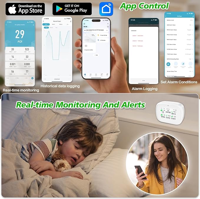 18-in-1 Smart Air Quality Monitor - Indoor WiFi Air Quality Detector with Dual Chip, Real-Time for AQI, CO2, PM2.5, PM1.0, PM10, TVOC, HCHO, Time Display, Temperature & Humidity with APP (White-White)