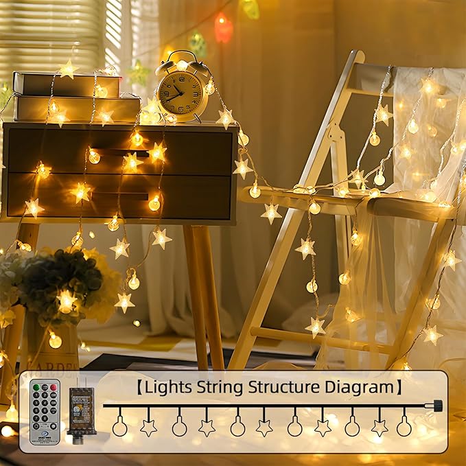 Crystal Globe & Star String Lights Plug in - 72 FT 160 LED Star Fairy String Lights with Remote Control Timer Waterproof Indoor Outdoor Hanging Globe Lights for Bedroom Wedding Party Patio Warm White