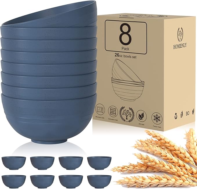 Homienly Unbreakable Cereal Bowl Set 26 OZ, Premium Wheat Straw Bowls Set of 8, Microwave and Dishwasher Safe Bowls, Dessert Bowl for Kitchen, Serving Soup, Unbreakable Oatmeal Bowls(Blue, 26 OZ)