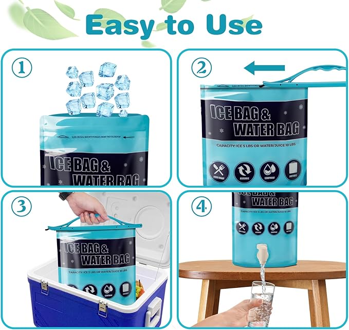 Ice Bags for Cooler, Reusable Ice Cube Bag with Sealed Sliding Handle, Long Lasting Cold Dry Freezer Packs, 5lb & 2.5lb Leakproof Water Bag for Camping Hiking Fishing & Drinks(1 Large & 1 Medium)