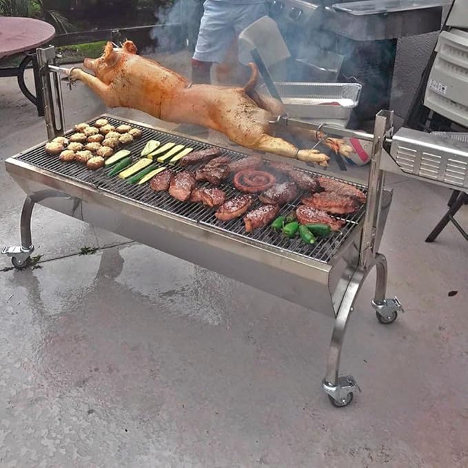 Ash & Ember 25W Stainless Steel BBQ Rotisserie Grill, 4 RPM Rotation Speed, Rated 125 LB for Large Game, Portable Electric Outdoor Roaster with Dual Prongs, Single Leg Bracket, and Spine Fork