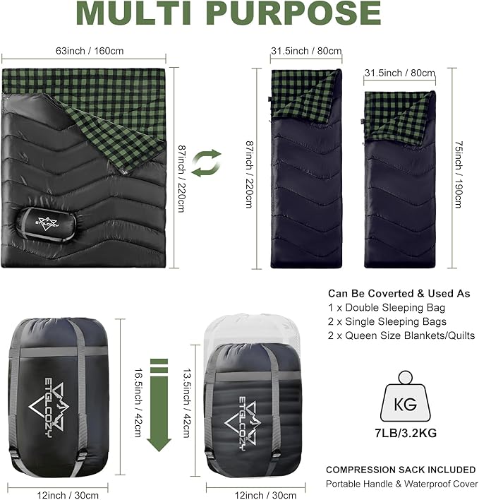 Double Sleeping Bag for Adults Kids, XL Queen Size 2 Person All Season for Warm & Cold Weather, Lightweight Compact with Compression Sack Camping Essentials for Backpacking Hiking