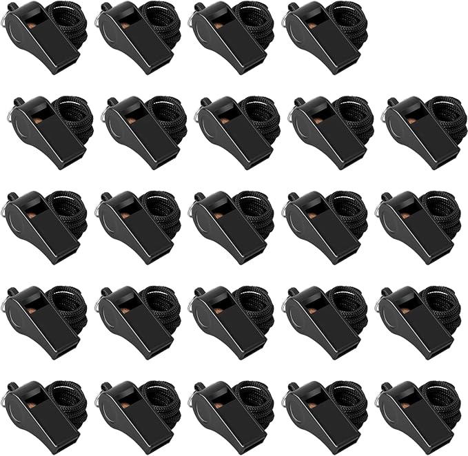 24 Pack 120dB Loud Referee Whistles with Lanyards – Heavy-Duty Black Sports Whistles for Coaches, Referees, and Team Events