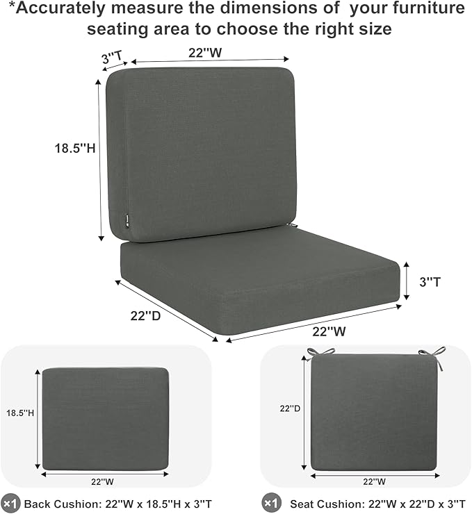 Favoyard Outdoor Deep Seat Cushion Set, 22 x 22 Inch Rainproof & 3-Year Fade Resistant Patio Furniture Cushions, Removable Seat Bottom & Back Cushion covers with Ties for Chair, Sofa, Couch, Dark Grey