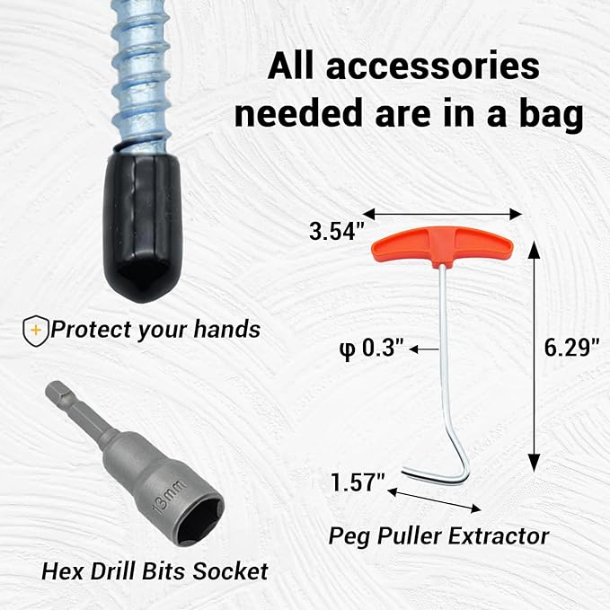 12 Pack Screw in Tent Stakes Heavy Duty-8” Metal Pegs for Ground, Drill in Camping Stake with Hex Head Driver, Spikes Puller, Protector in a Carrying Bag, for Hiking, Hammocks, Glow in Dark