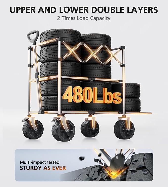 Foldable Wagon Cart,Everyfun 480Lbs Double Decker Wagon,Beach Carts with Big Wheels&Side Pocket&Dustbag,Large Capacity Folding Wagon for Shopping,Garden,Camping,Fish,New Wave Sports Wagon-Black