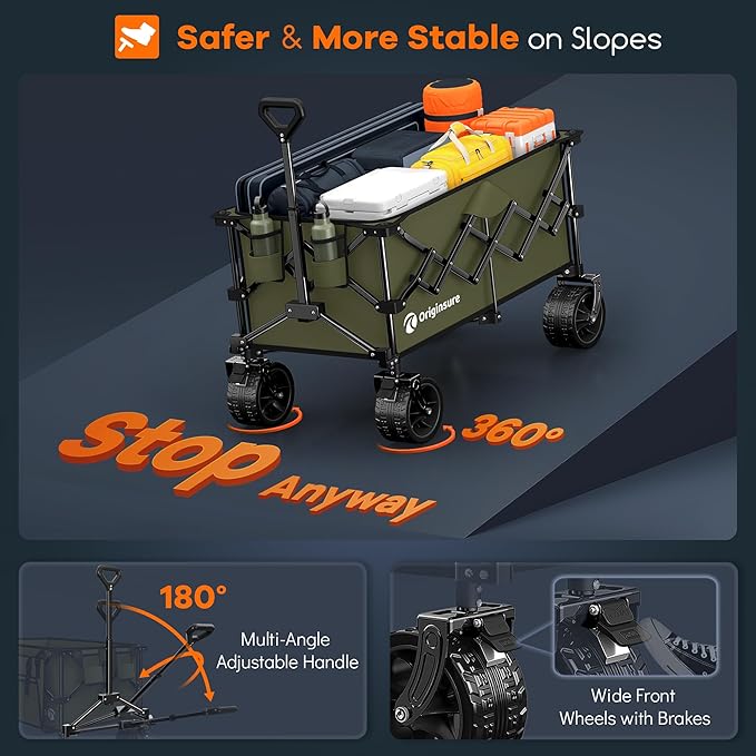 220L Collapsible Wagon Cart Foldable, 460LB Load Capacity Heavy Duty Folding Beach Wagons with Big All-Terrain Wheels, Utility Carts for Groceries, Shopping, Camping, Sports - Green