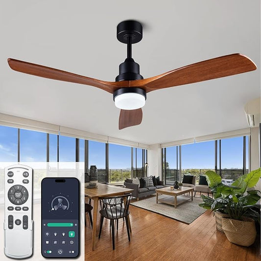 52" ceiling fans with light, solid wood ceiling fan with remote control and DC motor, LED dimming with memory function, 3 blades, suitable for living rooms, bedrooms, and dining rooms - black + walnut