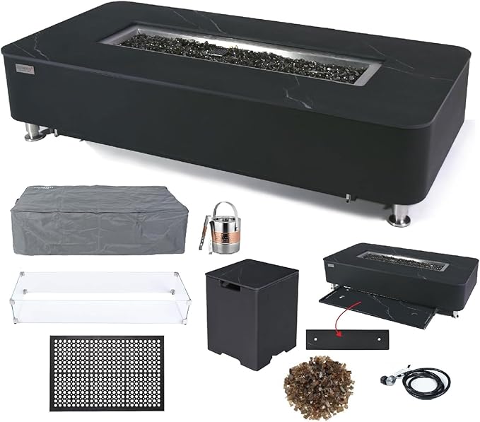 Elementi+ | Bundle Valencia Gas Fire Pit | Concrete Body & Marble Porcelain Top | 62" Rectangular Fire Table | Electronic Ignition | Canvas Cover, Fire Glass, Burner Lid & More | Black | Propane Gas