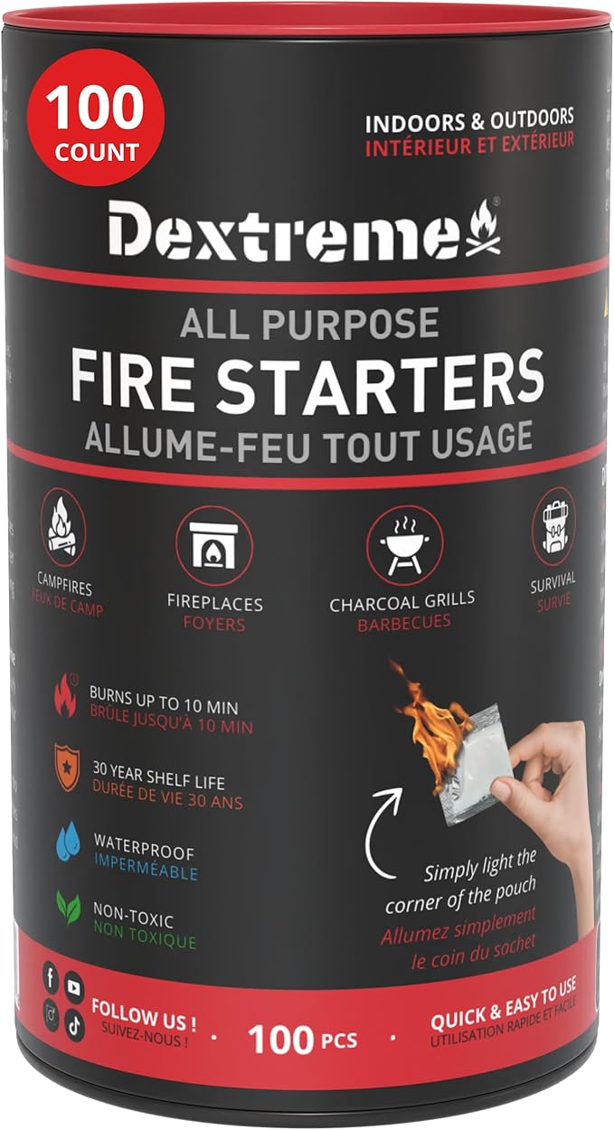 Dextreme Quick Instant Fire Starter - Waterproof All-Purpose Indoor & Outdoor Firestarter, for Charcoal Starter, Campfire, Fireplace, BBQ, Survival and Wood Stove (100 Pcs Tube)