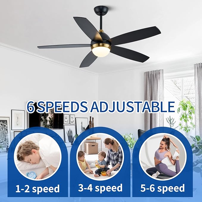 Black and Gold Ceiling Fan with Lights,52 Inch Ceiling Fans,6 Speeds,3 Color,Quiet DC Motor,Ceiling Fan with Remote Control for Bedroom Living Room Patio Kitchen