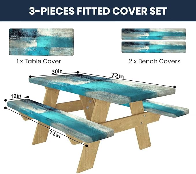 CAPSCEOLL Picnic Table Cover with Bench Covers Waterproof Fitted Camping Tablecloth All-Weather Outdoor Table Protector with Drawstring Bag for Camping Essentials, 72X30in, Blue White