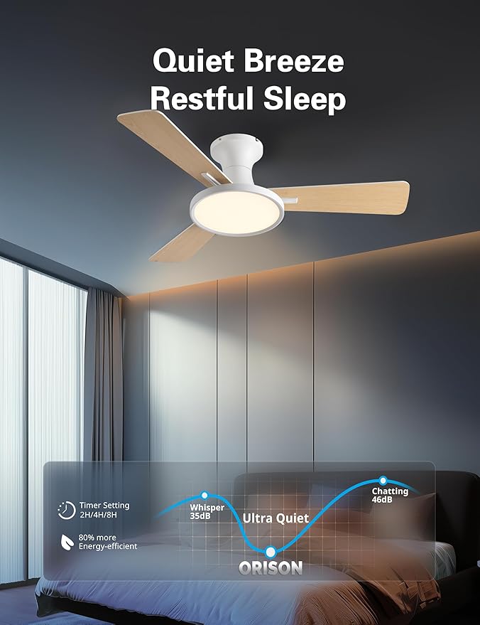 Orison Ceiling Fans with Lights, 42 inch Low Profile Ceiling Fan with Light and Remote Control, White Bedroom Ceiling Fans with Light,3CCT,Reversible,Dimmable,Noiseless,Indoor/Outdoor Use