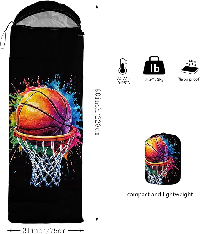 AILONEN Blue Glowing Basketball Sleeping Bag for Kids Boys,Warm and Cool Weather,Lightweight,Waterproof Backpacking,City Theme Ball Sports Sleeping Bag for Camping