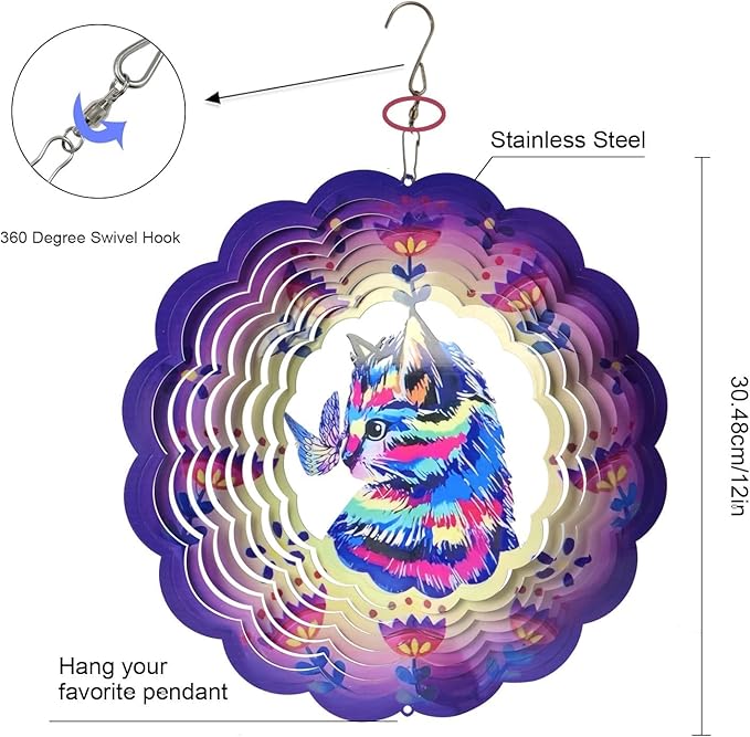 BeePeep Wind Spinner Outdoor 12in Cat Gift for Women Men Metal Wind Spinners Hanging 3D Kinetic Wind Sculpture Lawn Garden Yard Art Ornament for Indoor & Outside Decorations