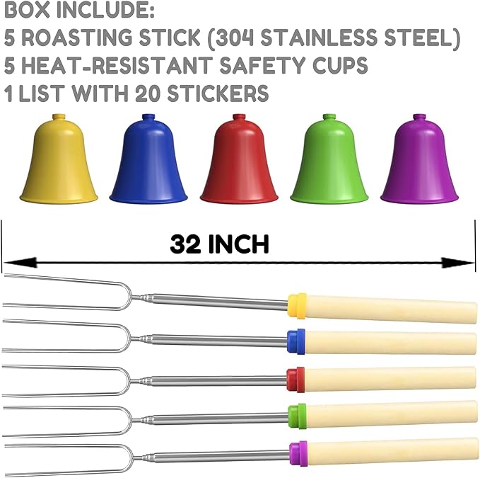 S'mores Stick Kit – 32 Inch Marshmallow Roasting Sticks with Colorful Hand Guards – 5-Pack Telescoping Campfire Skewers for Kids – Heat-Resistant Safe Set for Fire Pit, BBQ, Camping – Fun Gift Idea