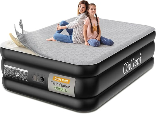OhGeni 20" Luxury Full Air Mattress with Built-in Pump, Inflatable Bed with Silk Foam Topper for Superior Comfort, Premium Blow-Up Mattress for Home, Camping & Guests, Easy Setup, Extra Support, Black