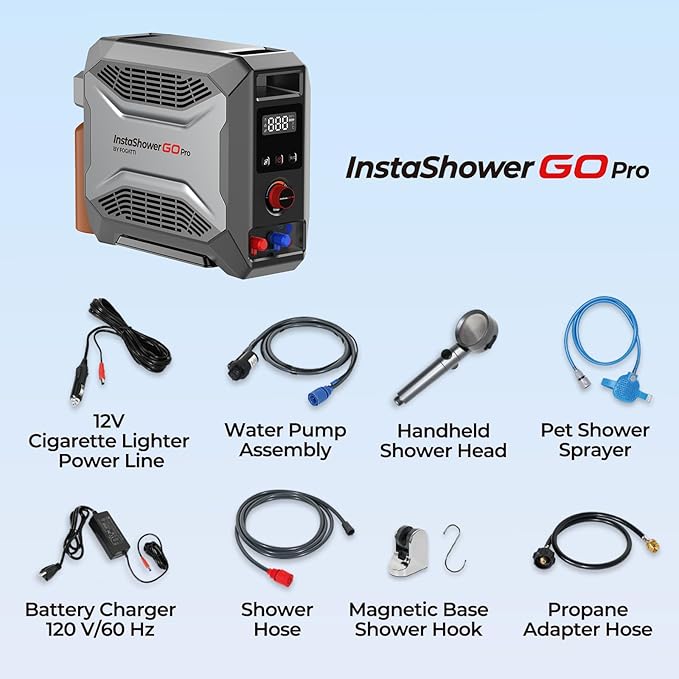FOGATTI InstaShower GO Pro, Portable Propane Water Heater 22,000 BTU, with 5000mAh Rechargeable Built-in Battery, DC 12V, Outdoor Camping Shower