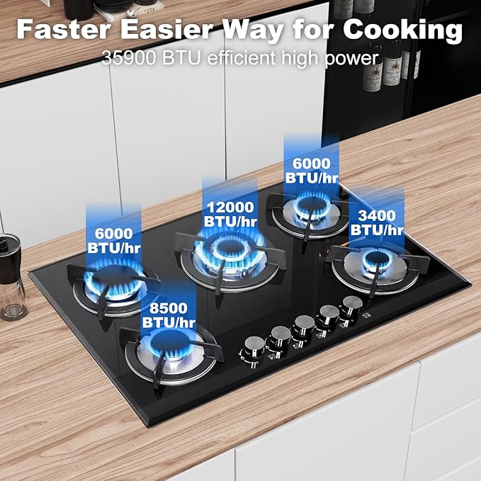 30 Inch Gas Cooktop with 5 Burners,Built-in Tempered Glass Stove Top, LPG/NG Convertible,35,900 BTU, Flame-Out Protection, Electric Ignition,Propane & Natural Gas Hob for Kitchen & RV