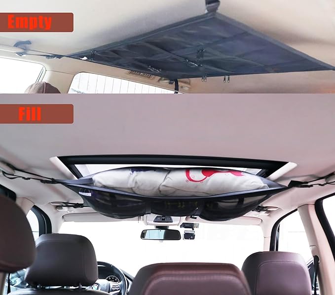 Car Ceiling Cargo Net Pocket, 31"x20" Double-Layer Mesh Car Roof Storage Organizer Strengthen Load-Bearing and Reduce Sagging Cargo Net Truck SUV Long Road Trip Camping Interior Accessories