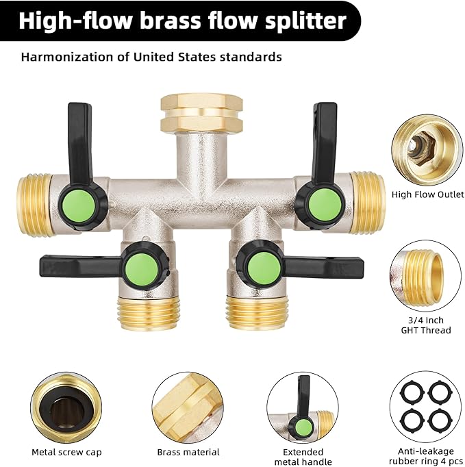 EJW 4 Way Garden Hose Splitter, Heavy Duty Garden Hose Splitter, High Flow Garden Hose Splitters, Fitting 3/4” Brass Outdoor Hose Splitter, Garden Hose Adapter Connector,Water Hose Splitter.