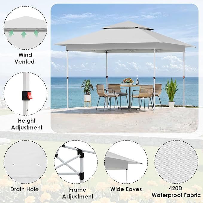 TLSUNNY 13X13 Pop Up Canopy Tent, Camping Shader W/Overhanging Eaves & Sand Bag, Outdoor Gazebo Shelter W/One Push Setup & Wheeled Bag, Height Adjustable, for Patio, Market, Party (White, 13FTX13FT)