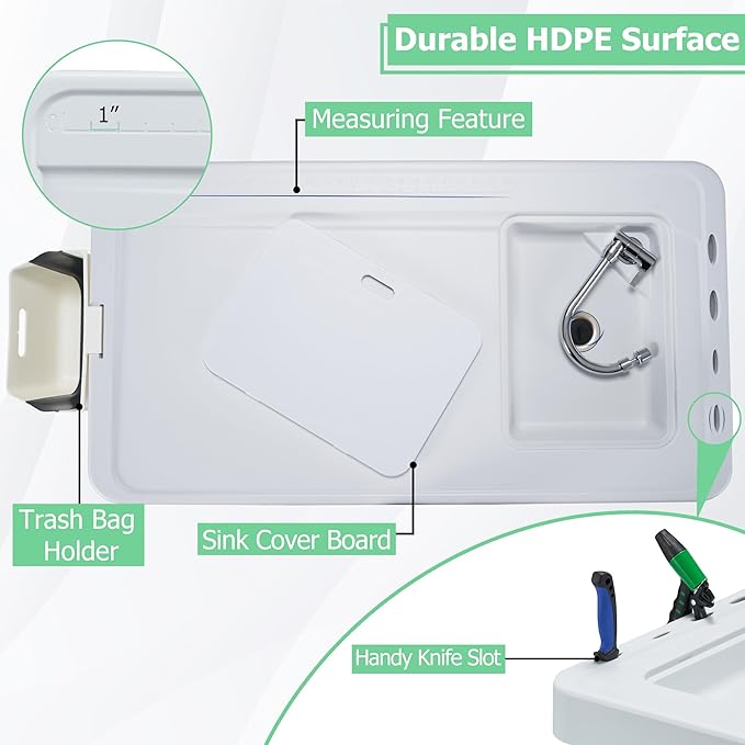 AHB 42" Outdoor Sink Fish Cleaning Table Portable Camping Table with Faucet Hose Hook Up Grid Rack, Fish Fillet Camping Sink Table with 7pc Fish Cleaning Kit for Picnic Beach Patio