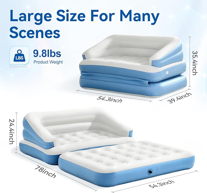 Full Size Air Mattress for Inflatable-Portable Blow Up Mattress Sofa Bed with Flocked top-Double Air Couch for Tent Camping(Lake Blue)