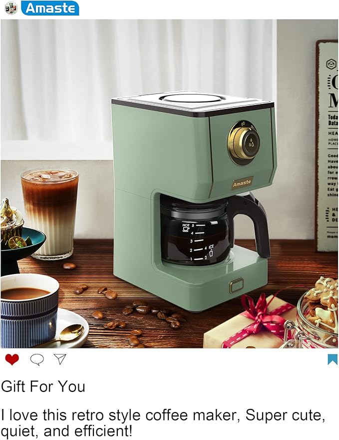 Amaste Drip Coffee Maker, Coffee Machine with 25 Oz Glass Coffee Pot, Retro Style Coffee Maker with Reusable Filter & Three Brewing Modes, 30minute-Warm-Keeping, Matcha Green