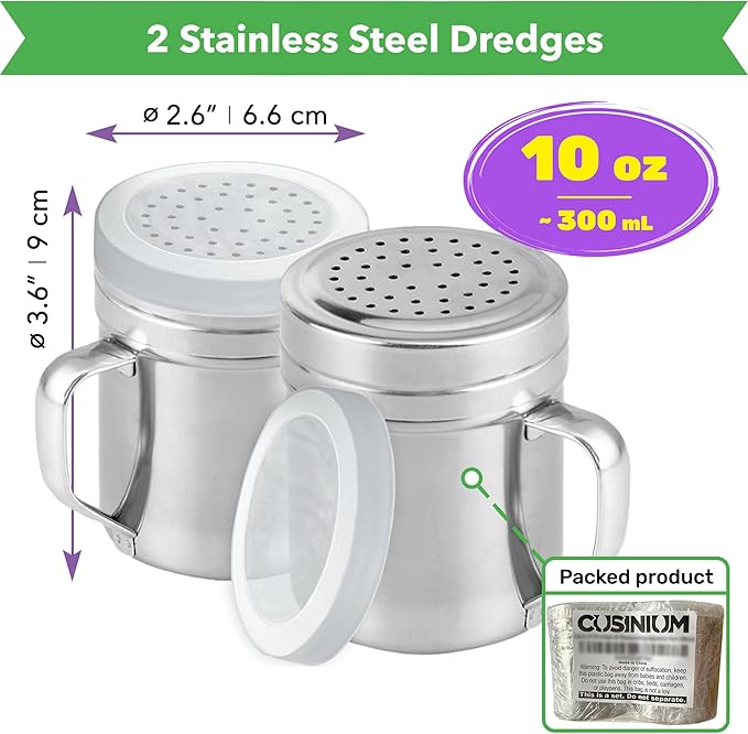 CUSINIUM Metal Salt Pepper Dredge Shakers - With Handle - Seasonings Spice Shakers With Holes and Lids - 10 Ounce, 2pcs | Style: Medium