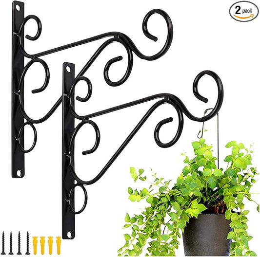 Hanging Plants Bracket, Pack of 2 Black Iron Outdoor Hanging Brackets Wall Hooks for Bird Feeder Lanterns Wind Chimes with Screws