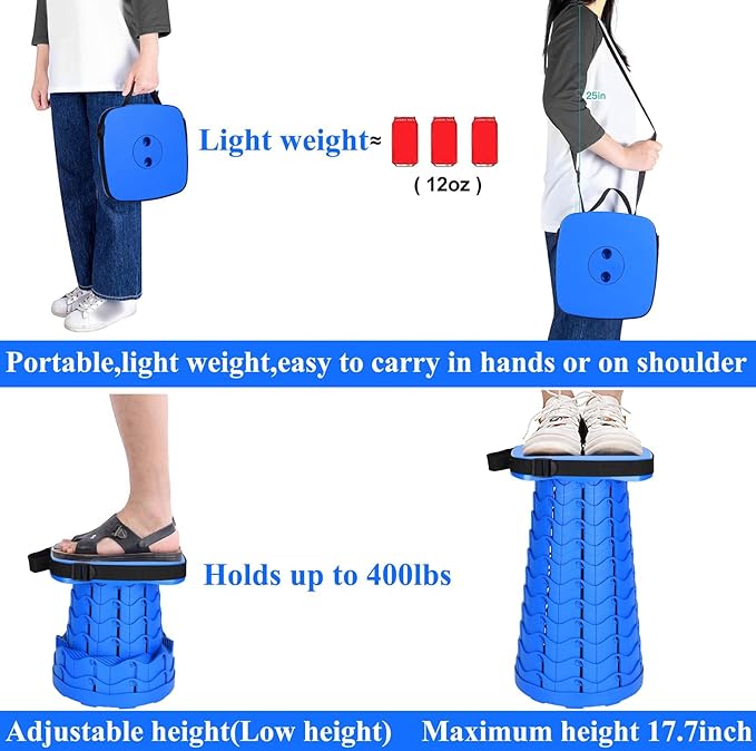 Fishboy Upgraded Square Collapsible Stool, 400lbs Max Weight, Lightweight But Sturdy, Portable Retractable Folding Telescoping Foldable Camping Stool for Adults Outdoor Fishing Hiking Travel BBQ