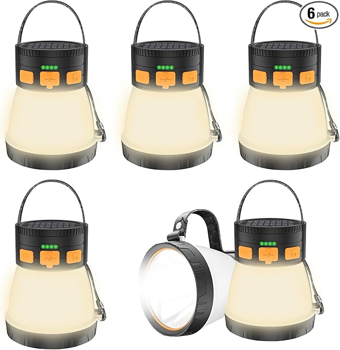 6 Pack LED Camping Lantern, 1500 Lumens Camping Lantern Rechargeable with Solar Panel Charging, Waterproof, 8 Light Modes, 7500mAh, Camping Flashlight for Hurricane Emergency, Outdoor