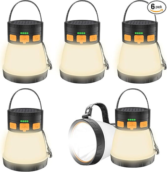 6 Pack LED Camping Lantern, 1500 Lumens Camping Lantern Rechargeable with Solar Panel Charging, Waterproof, 8 Light Modes, 7500mAh, Camping Flashlight for Hurricane Emergency, Outdoor
