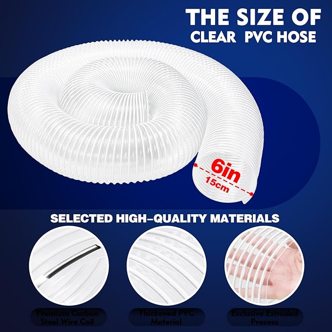 6" x 5' PVC Dust Collection Hose, Puncture-Resistant, Heavy-Duty Flexible Clear Fume Hose with Carbon Steel Wire Coil for Dust Collection Systems, Woodworking, Workshops
